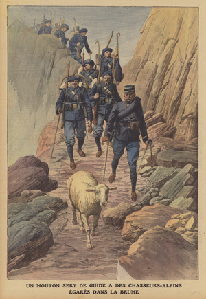 A sheep guiding a platoon of French Chasseurs Alpins lost in fog in the Alps (colour litho)