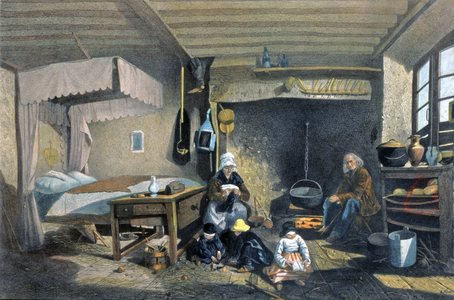 Interior of a peasant house in Royat, 19th century (lithograph)
