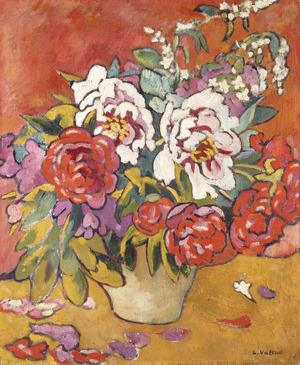 Peonies in a Pitcher against a Red Background, c.1918 (oil on canvas)