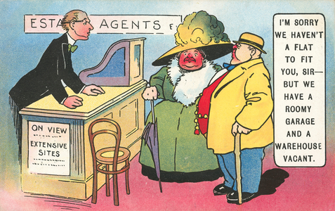 Fat couple visiting an estate agent (colour litho)