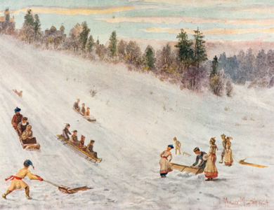 Toboganning at Rosedale, Toronto (colour litho)