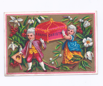 A Victorian Christmas card of a boy and a girl in regency costume carrying a casket, c.1880 (colour litho)