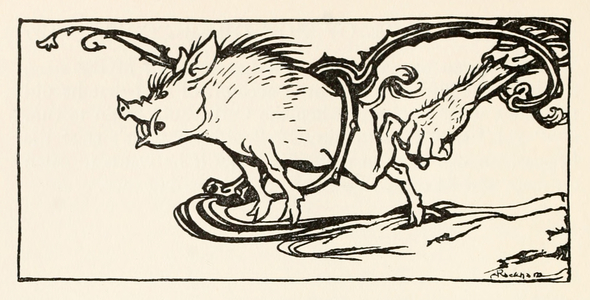 Carl catching a wild boar for his supper, from 'The Carl of the Drab Coat' in 'Irish Fairy Tales'