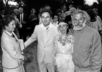Wedding of Eve Beart on June 25, 1984 : Simone Veil, Guy Beart, his Daughter Eve and Georges Moustaki (b/w photo)