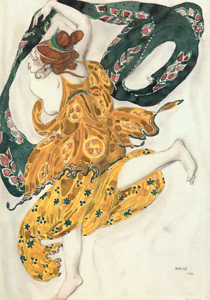 Costume sketch for a Beotian woman, from the ballet " Narcissus ", mythological poem with music byN (watercolour, gouache, pencil, gold, silver on paper)