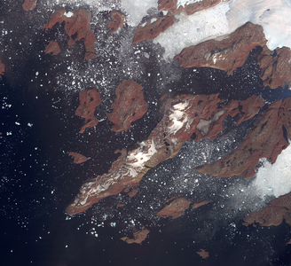 An image of icebergs off the west coast of Greenland, being transported by winds and currents. The largest iceberg in the image, seen in the top center of the image coming off of a glacier. July 17, 2005.