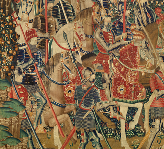 Parish museum of tapestries (Museo Parroquial de Tapices de Pastrana). Flemish tapestry. Conquest of Tanger (Toma de Tánger, De inname van Tanger). Series Conquests of king Alfonso I of Portugal (Conquistas de Alfonso V de Portugal). Tournai. Wool and silk. 1472-1480. 368x1108cm. Detail.