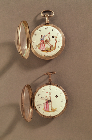Two pocket watches with Revolutionary symbols (metal & enamel)