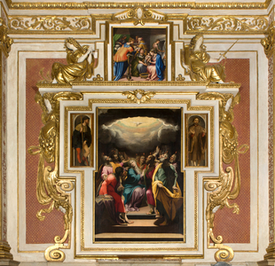 Chapel of Our Lady of the People, First span north side, Camillo Procaccini, Pentecost 1600, On the sides of San Rocco and Sant'Alberto 1520-30, Giulio Campi, Birth of the Baptist 1569, Cathedral of Santa Maria Assunta, Duomo, Cremona, Lombardy, Italy (photo)