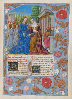 Common of the Saints. The Visitation (added c. 1500). Blue border with floral decoration. Two columns of text with initials.