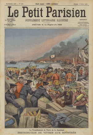 The earthquake in Jamaica: distributing food to the victims (colour litho)