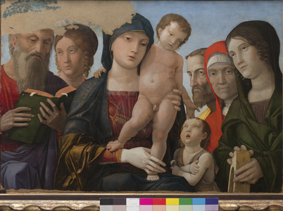 Madonna and Child, St John, St Catherine of Alexandria and other saints, 1480-88 (tempera on panel)