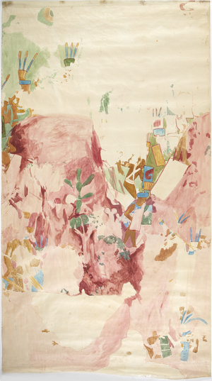 Tracing of a wall painting from the east wall, Upper Temple of the Jaguars, Chichen Itza, Mexico 
 (w/c & bodycolour)