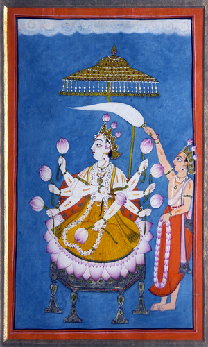 India: The God Vishnu seated, holding lotus flowers, fanned by an attendant. Mankot-Basohli, Pahari, circa 1750 CE
