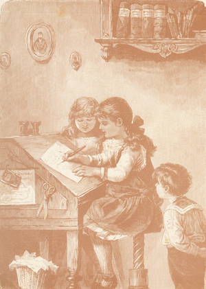 37 : Adele et Aline etudient ensemble la leçon de catechisme, Amede regarde