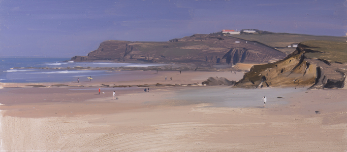 Looking North at Widemouth Bay, mid afternoon, March, 2016 (oil on board)