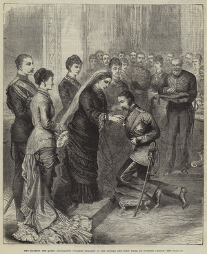 Her Majesty the Queen decorating Officers engaged in the Afghan and Zulu Wars, at Windsor Castle (engraving)