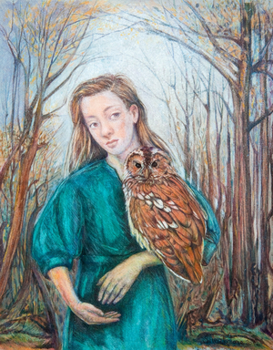 Girl with Owl, 2012 (watercolour with pastel)