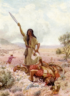 David about to cut off Goliath 's head - Bible