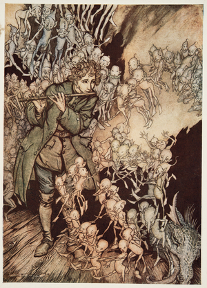 'He played until the room was entirely filled with gnomes', from 'Little Brother & Little Sister and Other Tales by the Brothers Grimm', pub. 1917 (colour litho)