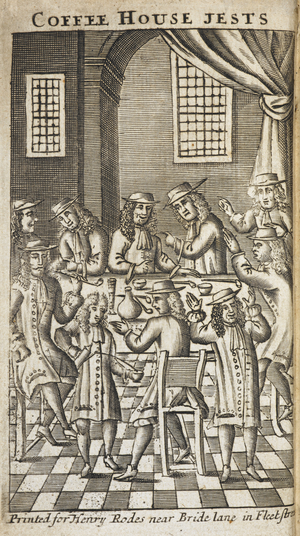 A scene in a 17th Century London coffee-house. A group of men sitting around a table.