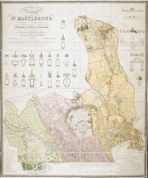 Topographical survey of the borough of St. Marylebone, as incorporated & defined by Act of Parliament 1832.: Embracing & marking the boundaries of the parishes of St. Marylebone, St. Pancras, & Paddington, also the extents & limits of the principal landed estates within the borough, and plans & elevations of the public buildings 
Boundaries outlined in colour; map coloured and numbered for reference with a key at bottom left and note on parishes at bottom right. Relief shown by hachures. 
Supplies elevations and ground plans of prominent buildings.