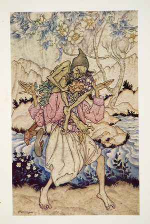 Sinbad carried the Old Man of the Sea on his shoulders, from The Arthur Rackham Fairy Book, pub. 1933 (colour litho)