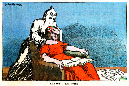 “Hello... here it is! “- Marianne blinded by the free-maconnerie (caricature, 1935)