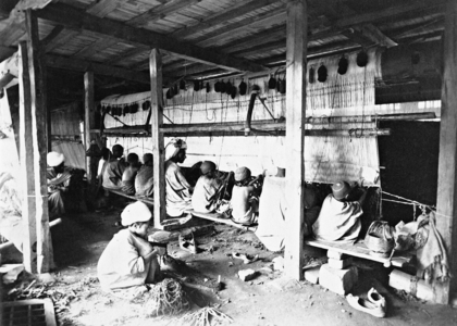 Carpet weavers in Kashmir (b/w photo)