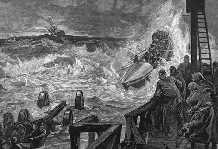 The launching of a lifeboat into the water, 1850