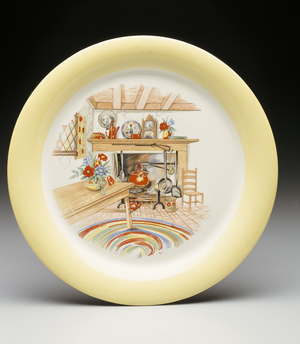 "Swing" shape plate with "Yellow Organdy" and "Colonial Kitchen" patterns, designed 1938 (earthenware)
