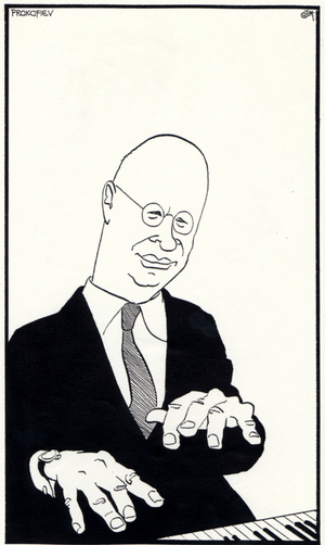 Caricature of Sergei Prokofiev at the piano Russian composer, 1891-1953