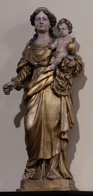 Interior view, polychrome statue of a Madonna and Child