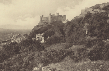 Harlech Castle, Distant View from the South (b/w photo)