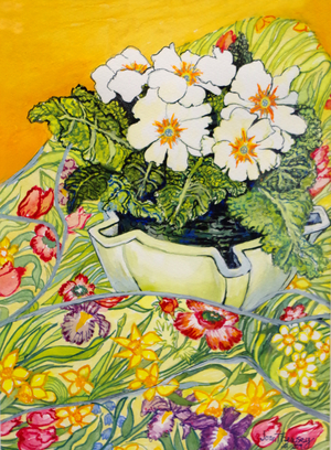 Pale Primrose in a Pot with Spring-flowered Textile, 2000 (watercolour)