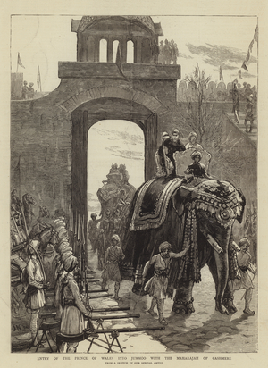 Entry of the Prince of Wales into Jummoo with the Maharajah of Cashmere (engraving)