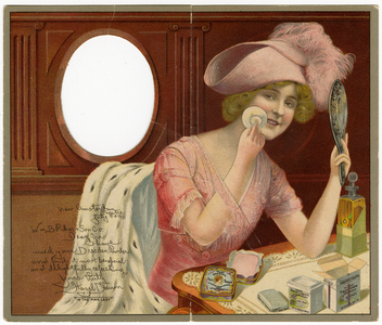 Riker's Dresden Face Powder - Putting on the Finishing Touch. [advertising postcard recto], 1911 (lithograph)