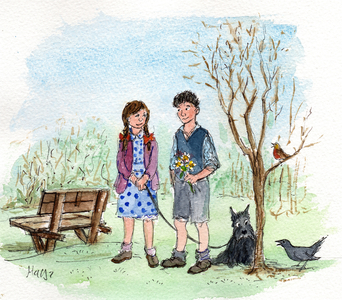 Boy meets girl (pen and watercolour)