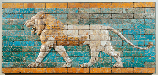 Lion facing left. Babylon, Mesopotamia, Period of Nebuchadnezzar II. Glazed terracotta brick relief ...