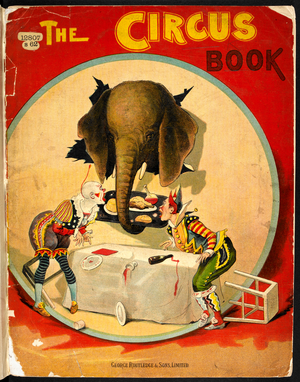 An amusing cover showing an elephant taking a meal from two clowns.