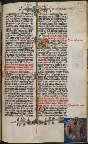 Illuminated initial 'T' with a partial foliate border with animal heads at the beginning of Psalm 52. In the lower margin is an added historiated initial 'D' of God in a cloud throwing down arrows at men with swords, shields and axes cut from an early 13th-century Magna Glossatura. The first words of the Psalm in Latin are written in the right margin, and the running header 'Sauter' ('Psalter') is in damaged, coloured letters in the top margin