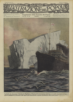 Transatlantic steamer encountering a huge iceberg (colour litho)