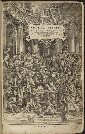 Illustrated page, with an image of an autopsy in front of a large audience.