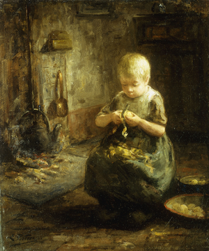 A Child Peeling Potatoes, (oil on canvas)