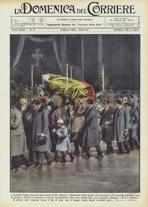 The Belgian mutilated in front of the body of King Albert (colour litho)