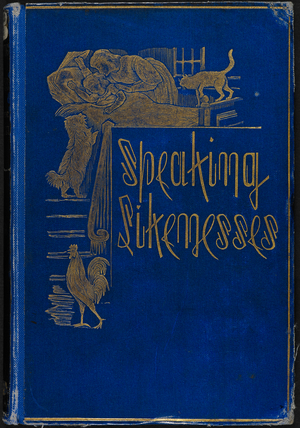 Blue coloured front cover/binding with gold lettering and design. A child in bed being kissed by her mother.
