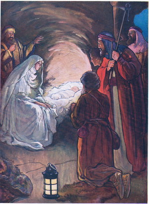 The infant Jesus an dthe shepherds, from The Bible Picture Book published by Thomas Nelson, c.1950 (colour litho)