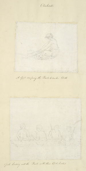 Otaheite.
(Top drawing): A girl scraping bark to make cloth.
(Bottom drawing): Girls beating out the bark with their cloth beaters.
