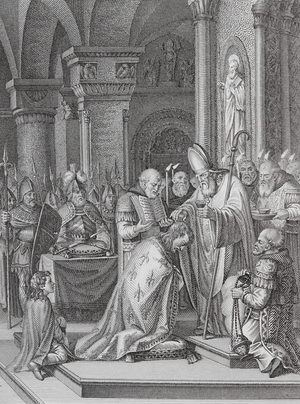Pepin the Short anointed as King of the Franks by St Boniface, 751 (engraving)
