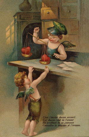 Cupids weighing hearts (colour litho)